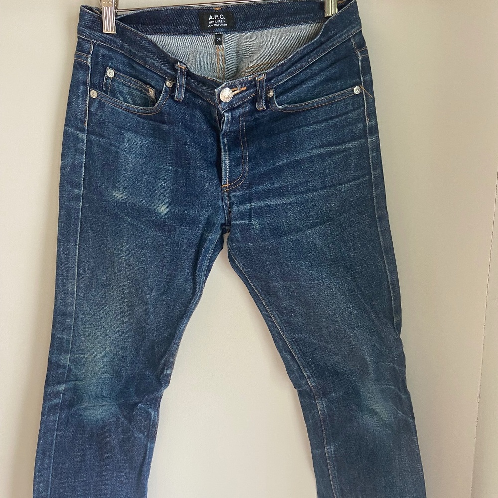 APC, Women’s 29 worn in dark denim, button fly
